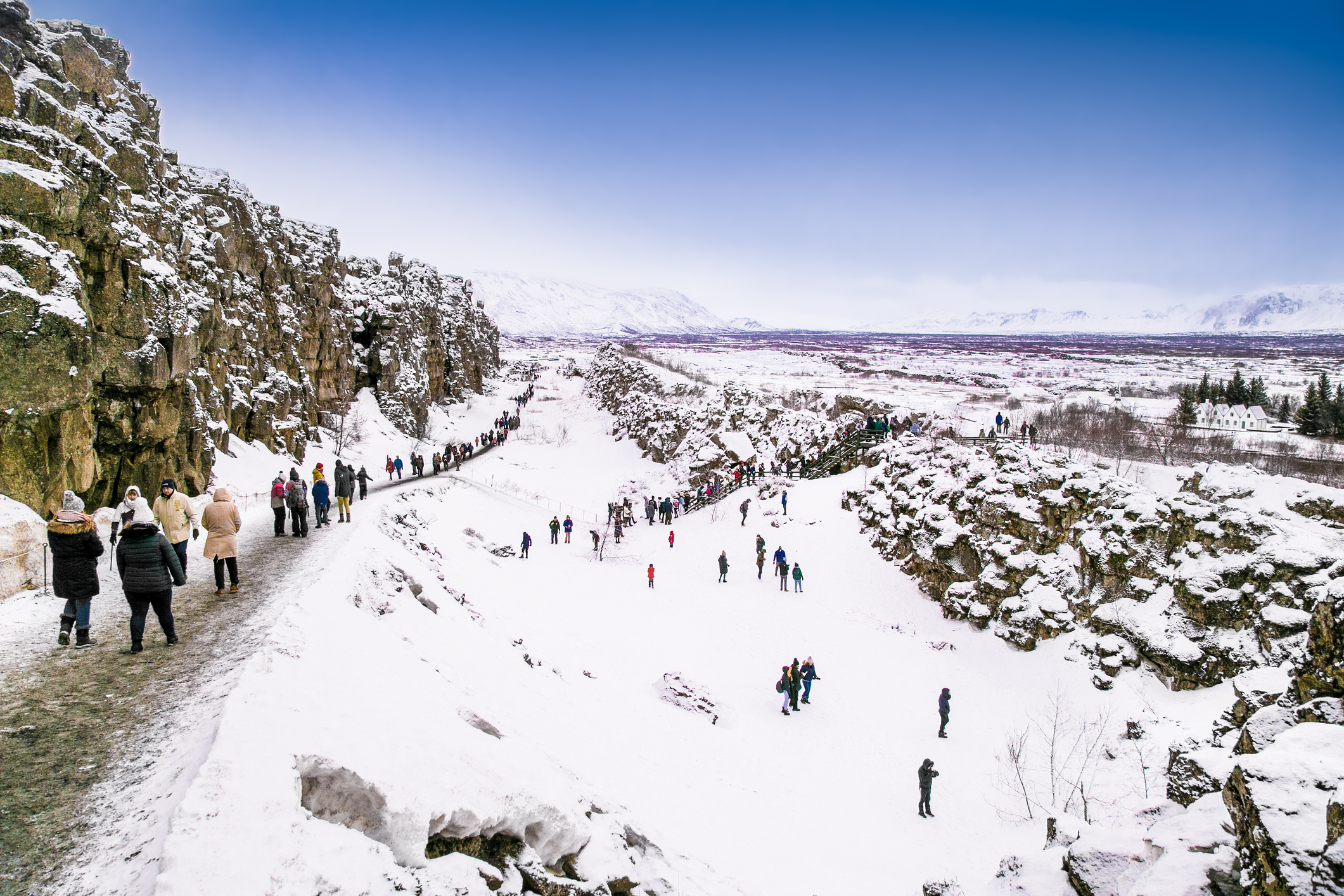 Turister i lange rækker ved Thingvellir, Island. (Foto © Aleksandar Todorovic | Dreamstime.com