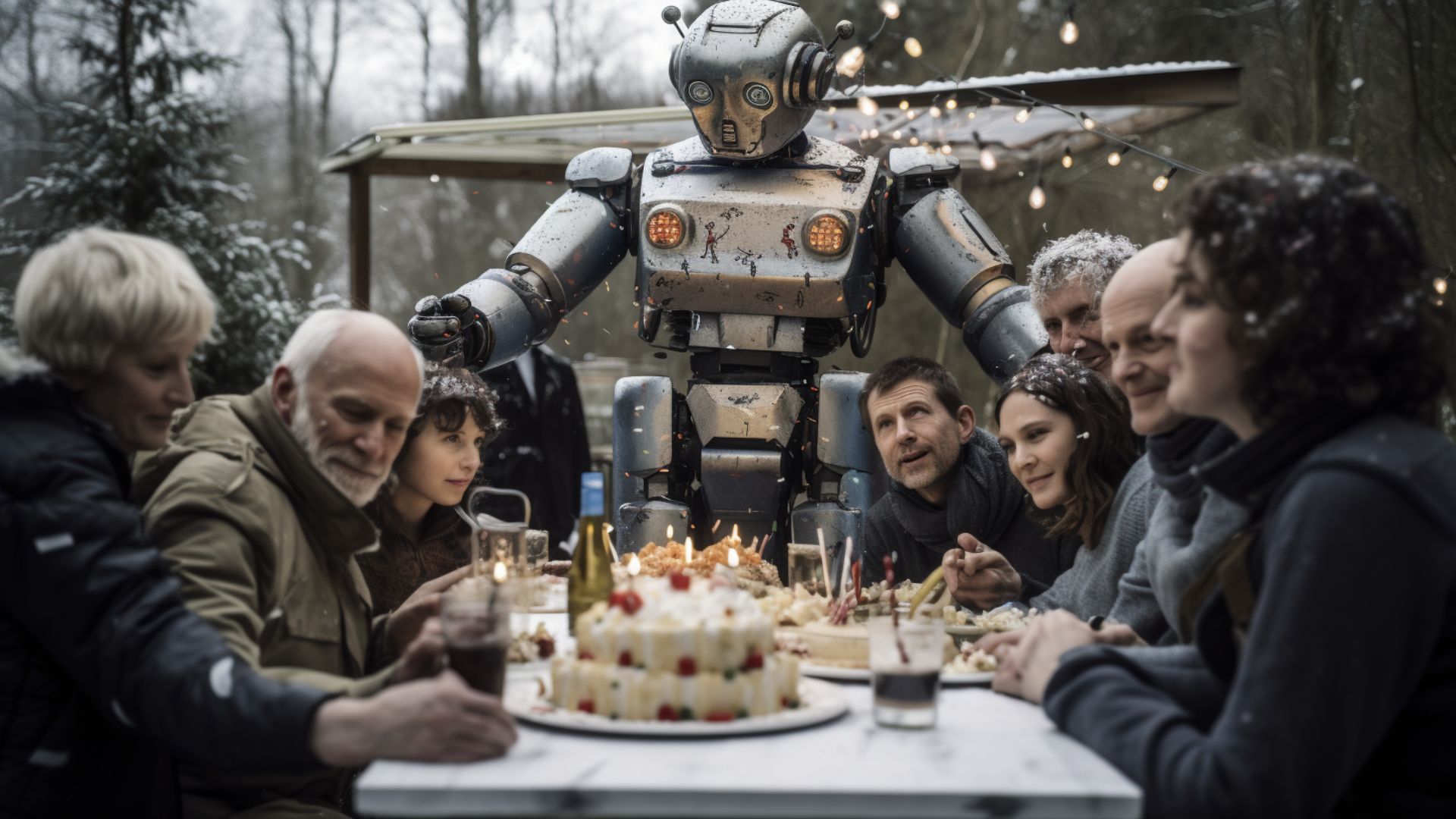 Billede skabt af kunstig intelligens med prompten: 'En gruppe venner fejrer Chat GPT’s fødselsdag i en dansk skov i snevejr. Kilde: Midjourney