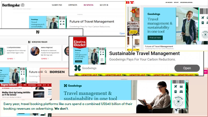 Goodwings hævder, at man ikke bruger penge på markedsføring. Alligevel kunne Sustain Report finde adskillige annoncer fra hotelportalen på diverse medier. (Collage: Emma Kragh Andersen/Sustain Report)