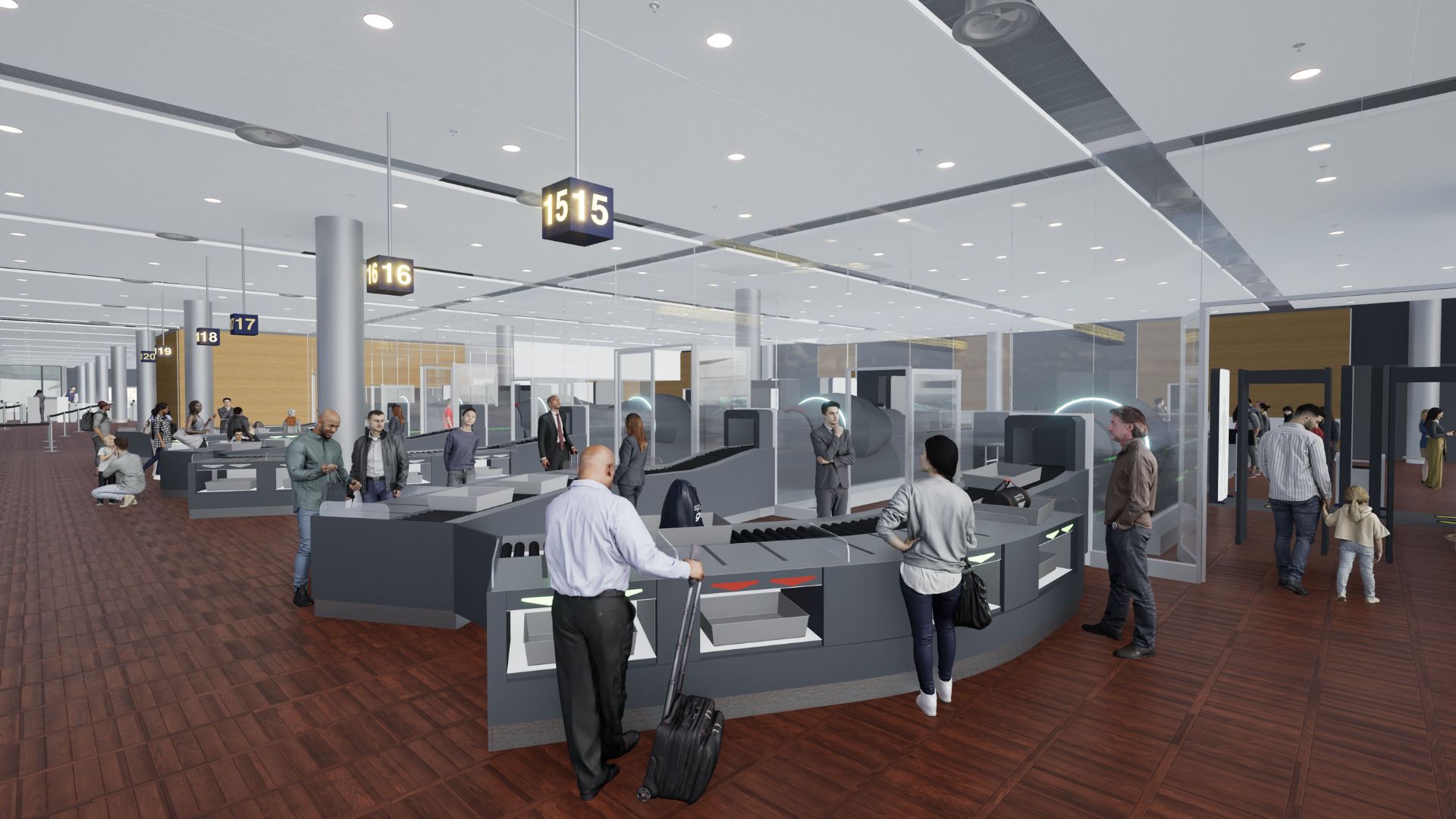 De nye sikkerhedsspor åbner i takt med, at de er klar til brug. De første fem forventes at være i drift inden sommeren 2025. (illustration: Københavns Lufthavn)