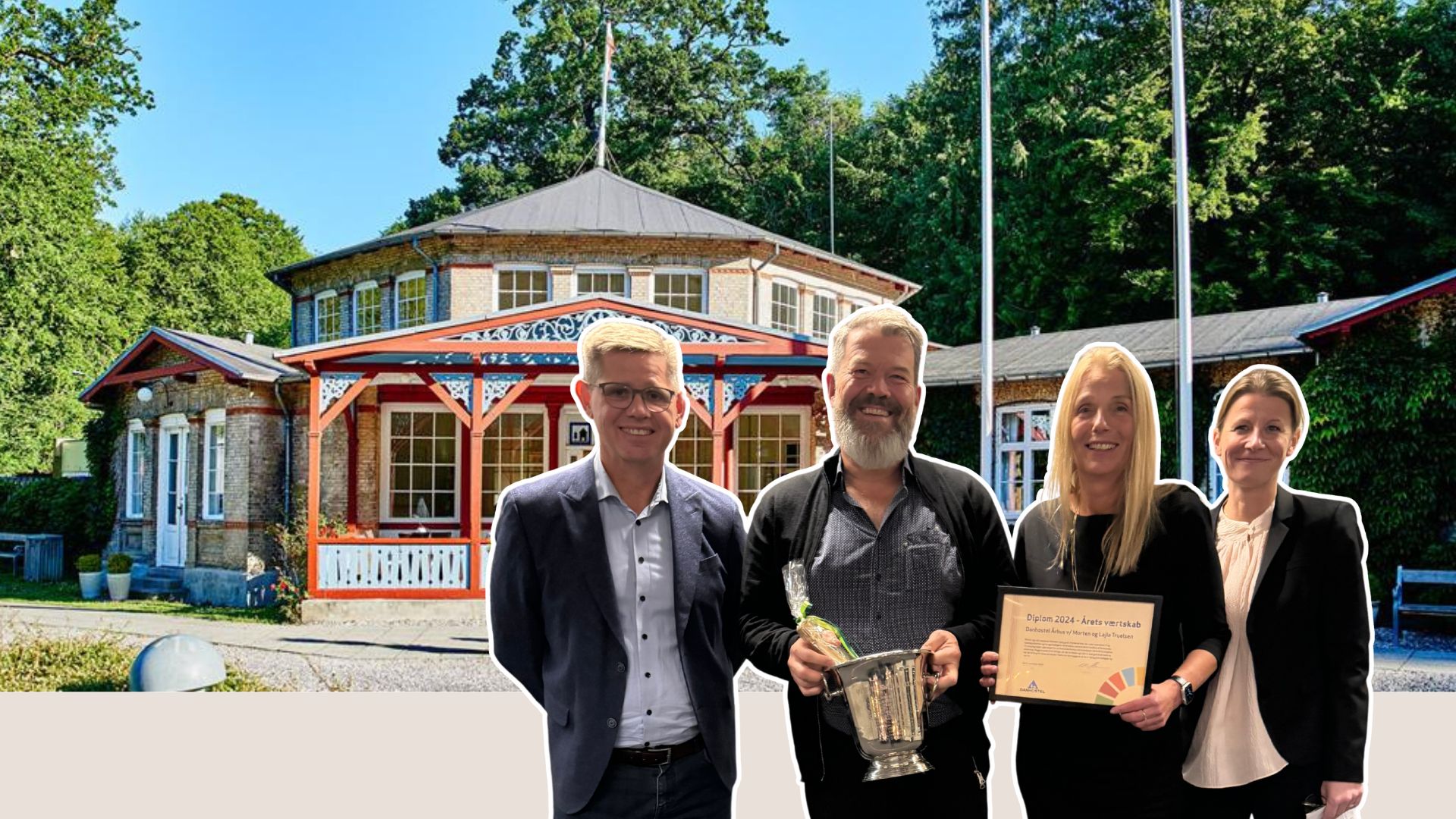 Danhostels direktør Mads Stendorf (tv.) værter på Danhostel Aarhus Morten og Laila Truelsen og forperson i Danhostel Helle Berthold Rosenberg. (Collage: turisme.nu)