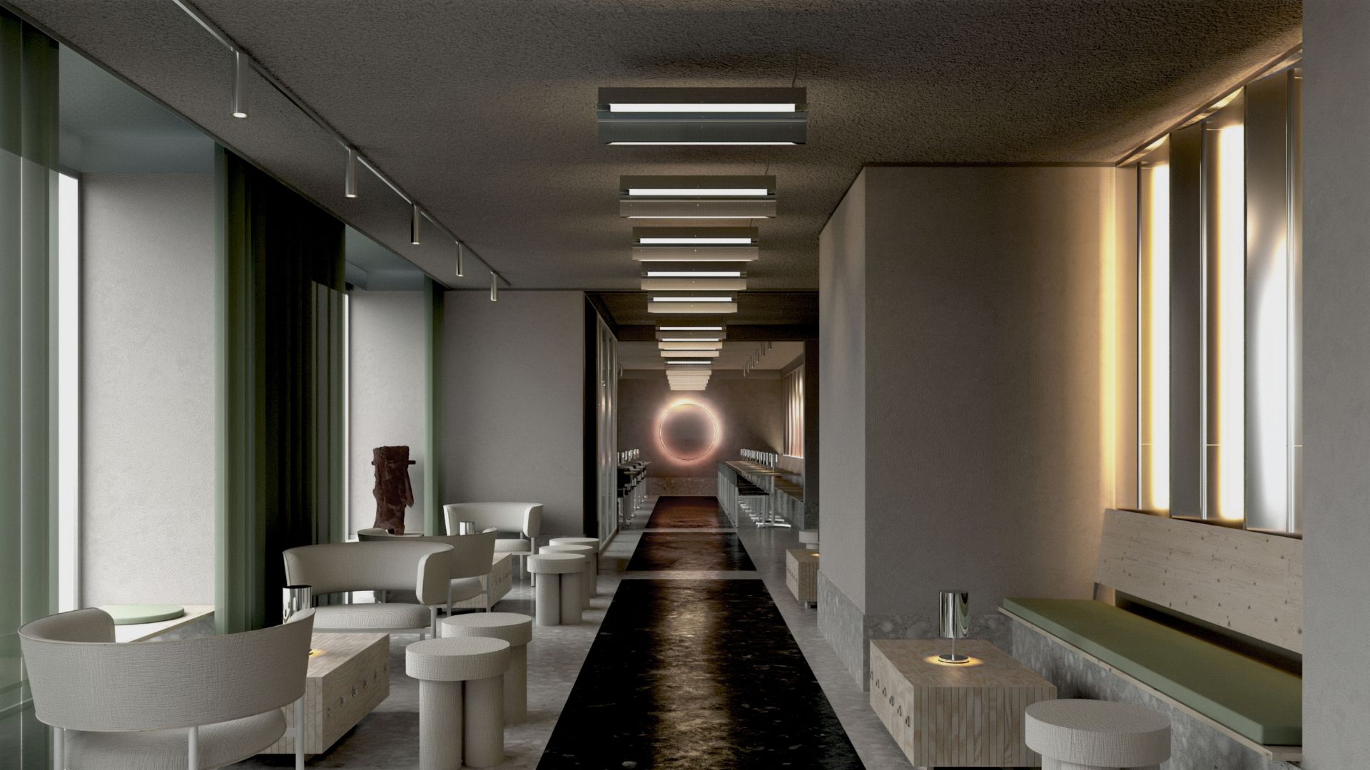 I lobbybaren mærker gæsterne Nørrebros puls og atmosfære, der reflekteres i rå beton, industriel belysning og opsigtsvækkende kunstværker. (Rendering: Brøchner Hotels)