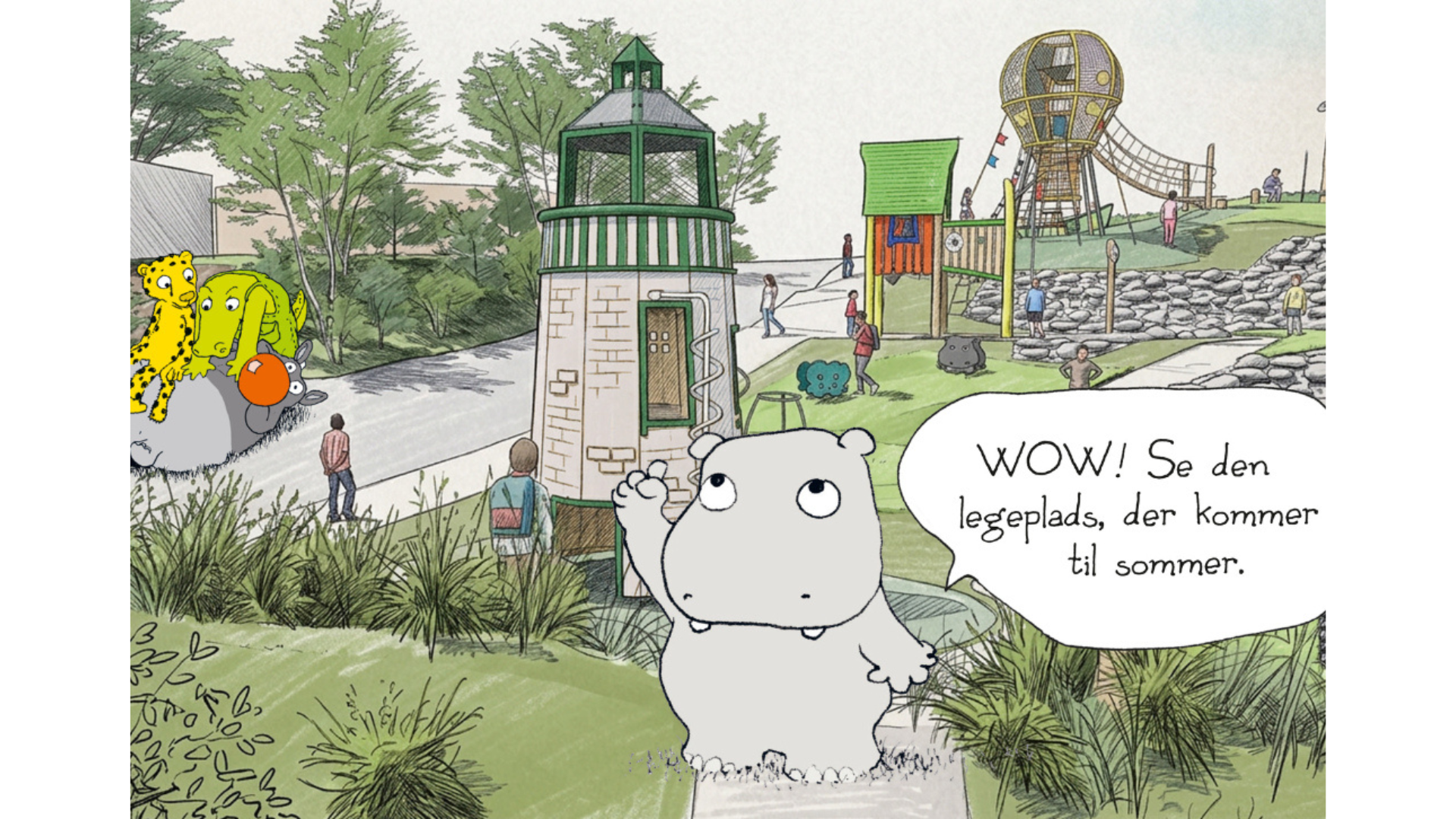 En farverig og detaljerig tegning, der viser en visualisering af det nye oplevelsesområde "Den Lille Dal". Midt i et grønt, bakket landskab med træer ses en stor, specialdesignet temalegeplads i træ. På legepladsen er der klatrestativer, rutsjebaner og små huse inspireret af Jakob Martin Strids tegninger. Flere af de kendte figurer fra bøgerne, herunder den blå elefant Mimbo Jimbo, er tegnet ind i landskabet, hvor glade børn leger på de forskellige elementer under en blå himmel.